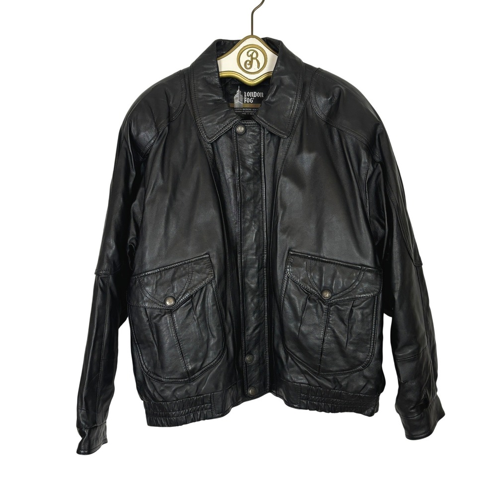 London Fog Leather Jacket Mens XL Black Bomber Aviator Vintage Quilted Lined